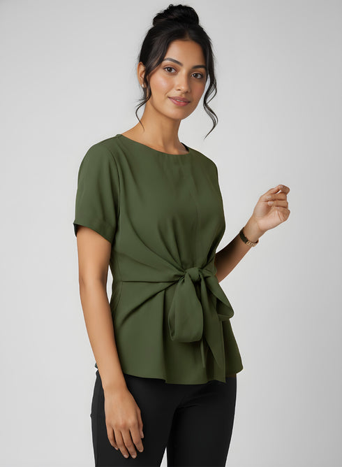 Green Front Tie Chiffon Top