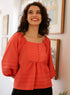Sleeve Peplum Pintucked Cotton Orange Top