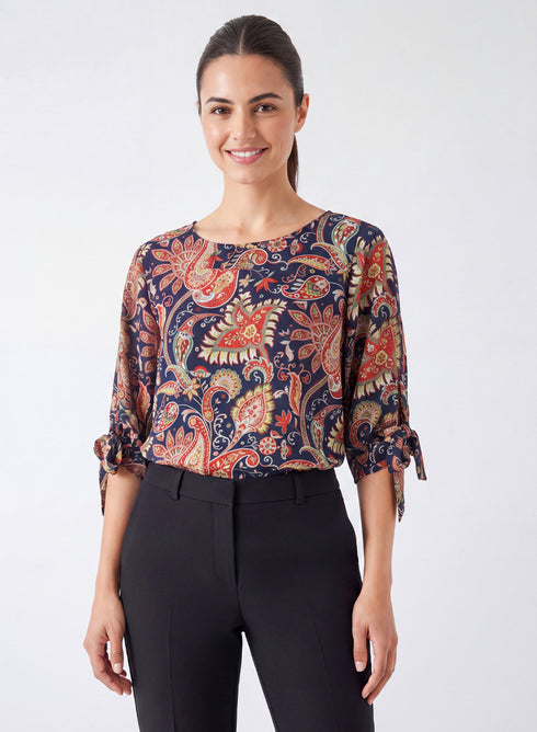 Printed Sleeve Tie Chiffon Top