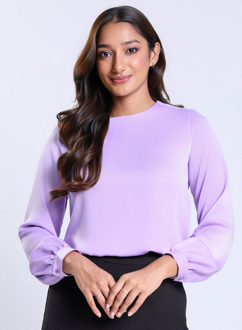 Long Sleeve Round Neck Lavender Satin Top