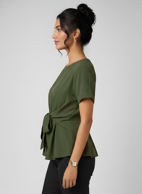 Green Front Tie Chiffon Top