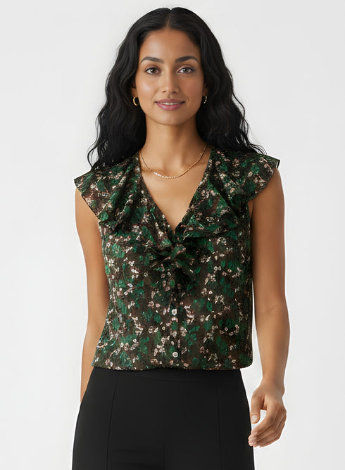 V Neck Floral-Printed Front Button Top
