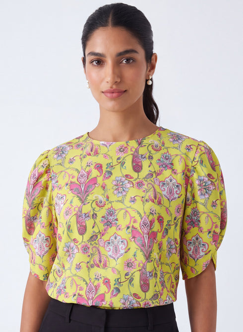 Sleeve Detailed Chiffon Yellow Printed Top