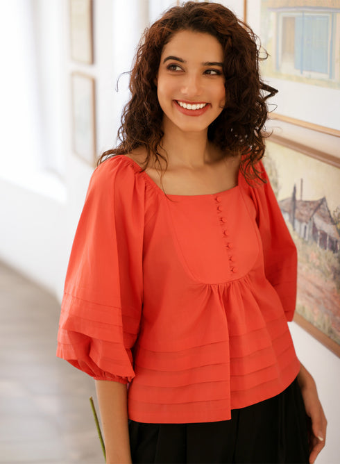 Sleeve Peplum Pintucked Cotton Orange Top