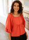 Sleeve Peplum Pintucked Cotton Orange Top
