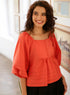 Sleeve Peplum Pintucked Cotton Orange Top