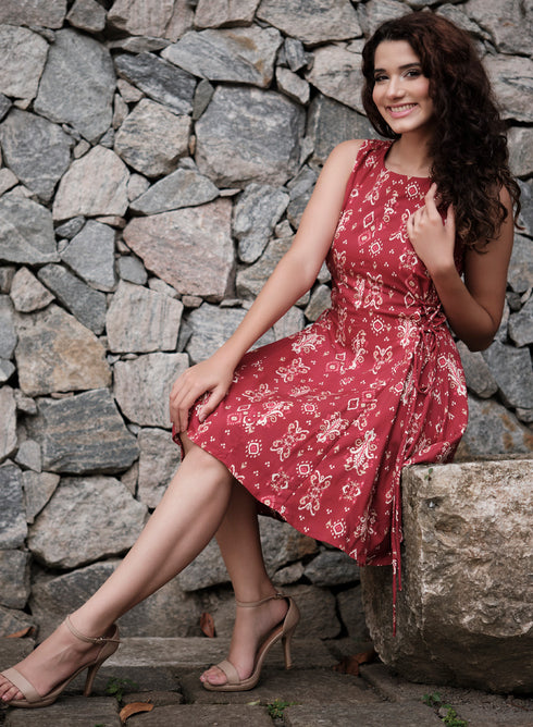 Red Printed Princess Line Corded Dress