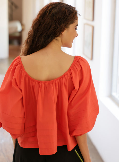 Sleeve Peplum Pintucked Cotton Orange Top