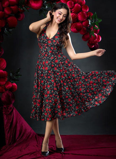 Halter Neck Printed Chiffon Dress