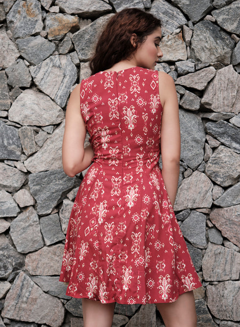 Red Printed Princess Line Corded Dress