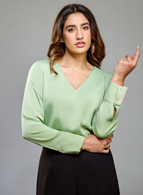 Satin Deep VNeck Light Green Top