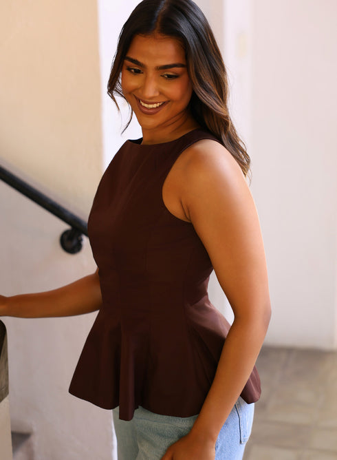 Brown Sleeveless Cotton Peplum Top