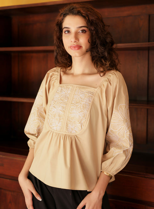 Square Neck Cotton Embroidered Beige Top
