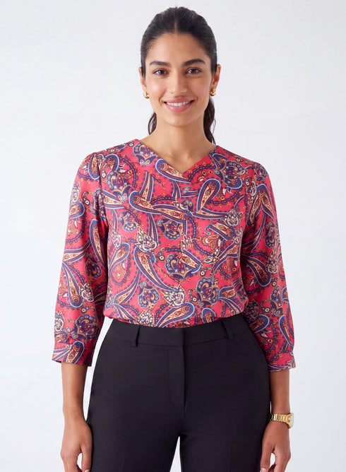 Side Pleated Satin Red Printed Top