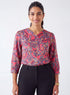 Side Pleated Satin Red Printed Top