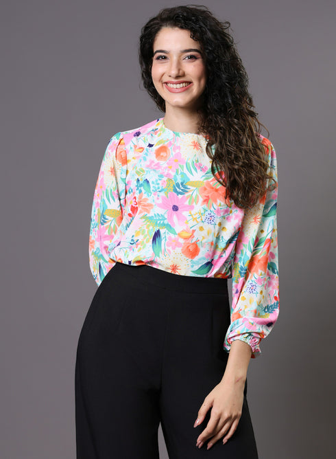 Multi Color Floral Elastic Sleeve Top