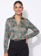 Green Printed Collar Long Sleeve Top