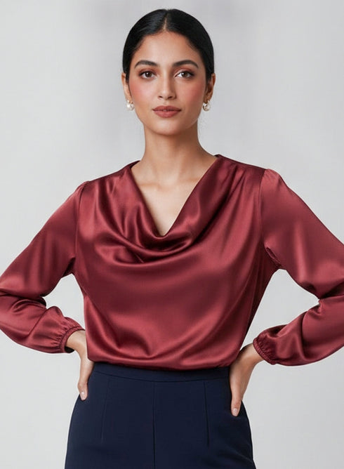 Maroon Long Sleeve Cowl Neck Top