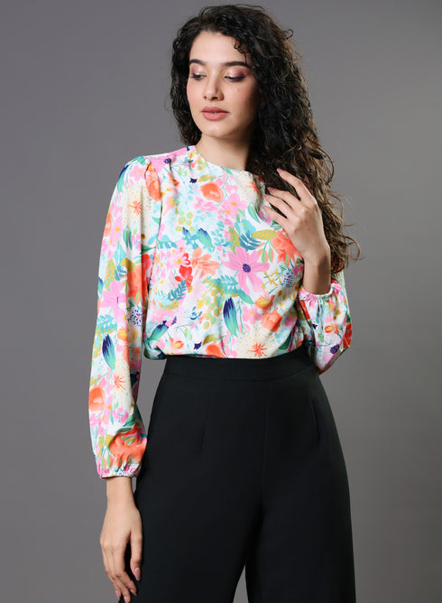 Multi Color Floral Elastic Sleeve Top