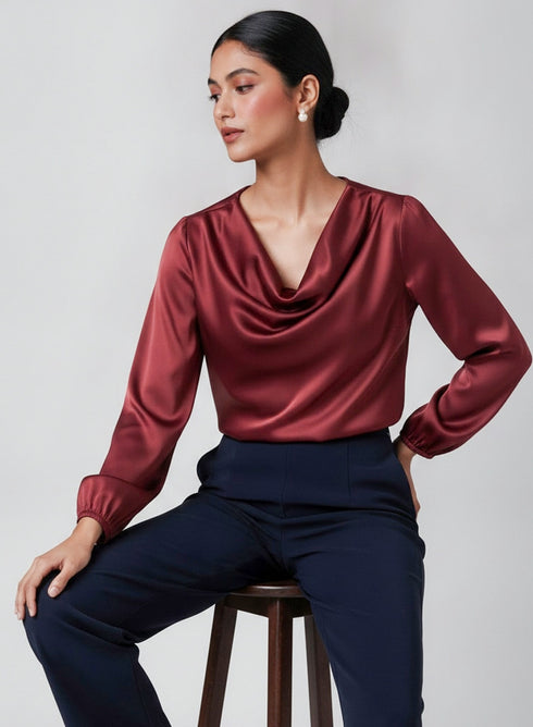 Maroon Long Sleeve Cowl Neck Top