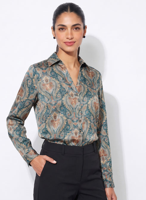 Green Printed Collar Long Sleeve Top