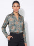 Green Printed Collar Long Sleeve Top