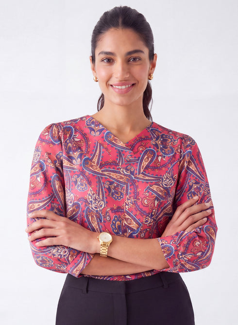 Side Pleated Satin Red Printed Top