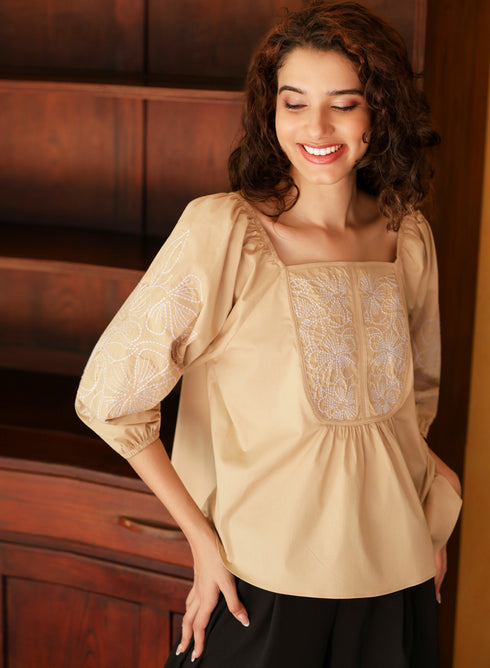 Square Neck Cotton Embroidered Beige Top