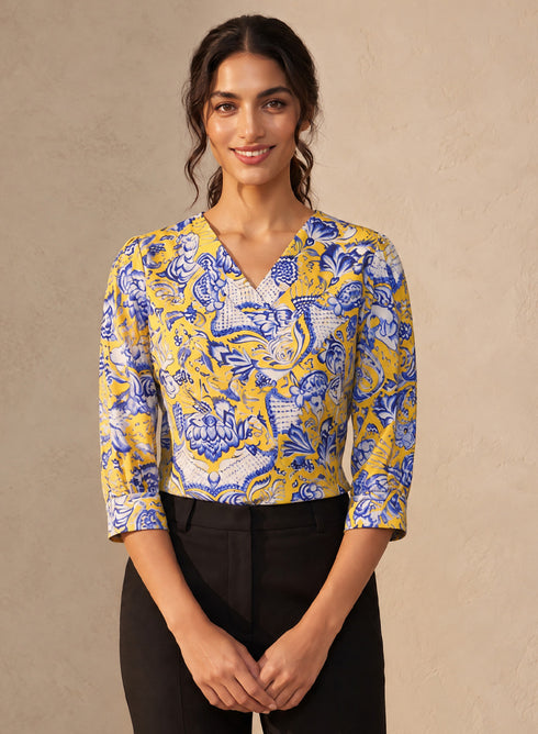 Printed Criss Cross Pleated Chiffon Top