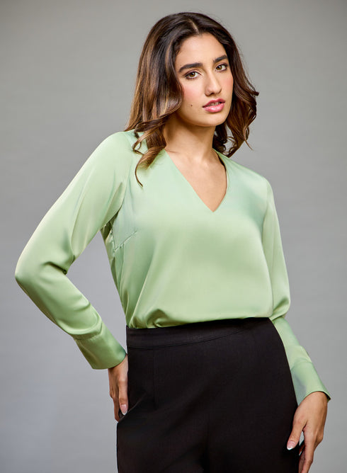 Satin Deep VNeck Light Green Top