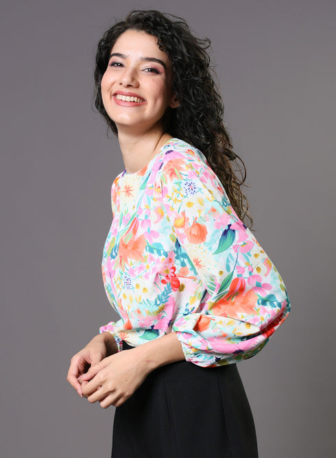 Multi Color Floral Elastic Sleeve Top