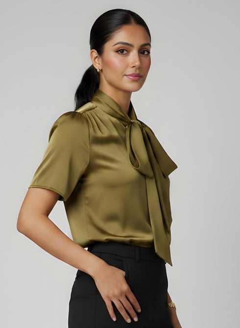 Gold Neck Tie Short Sleeve Top