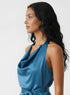 Cowl Neck Teal Blue Satin Top