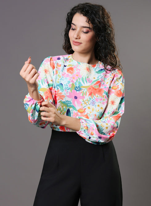 Multi Color Floral Elastic Sleeve Top