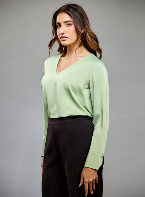 Satin Deep VNeck Light Green Top