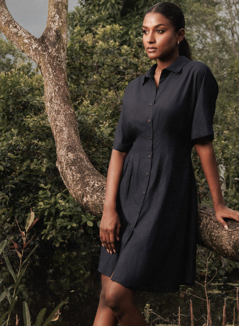 Blue Pleating Detail Cotton Midi Dress