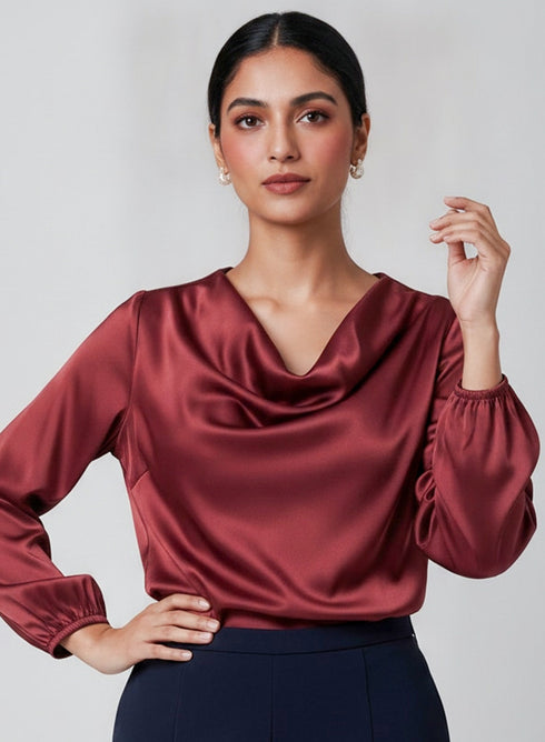 Maroon Long Sleeve Cowl Neck Top