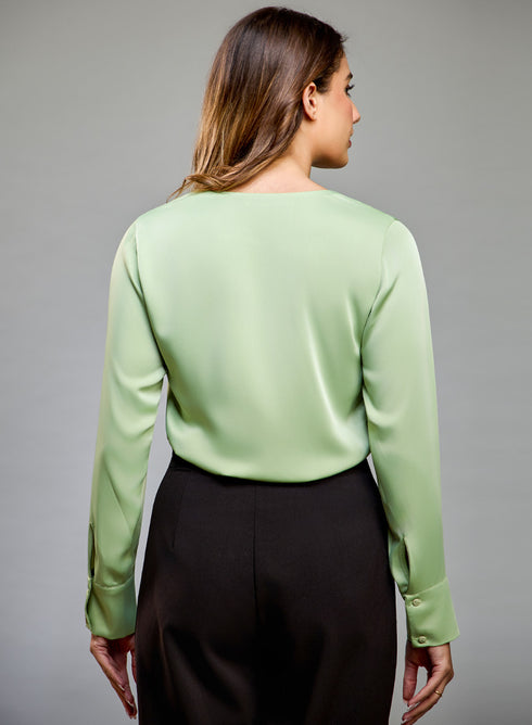 Satin Deep VNeck Light Green Top