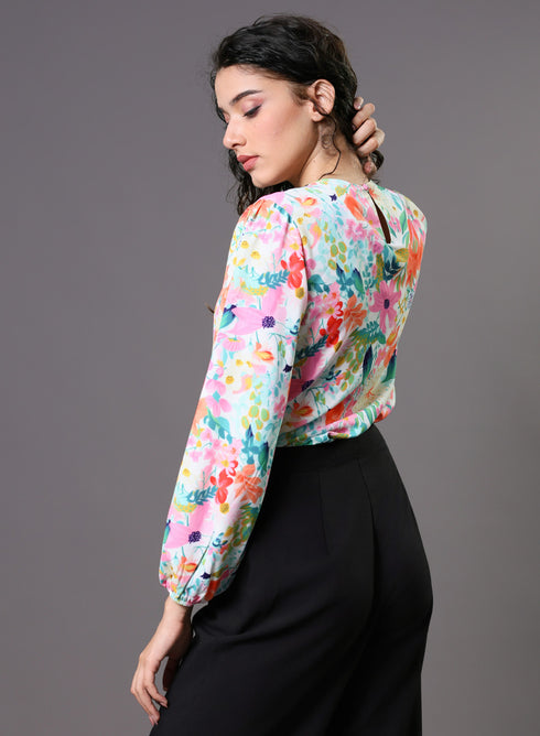 Multi Color Floral Elastic Sleeve Top