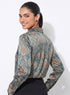 Green Printed Collar Long Sleeve Top