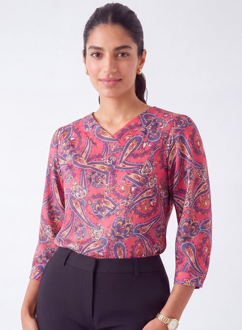 Side Pleated Satin Red Printed Top
