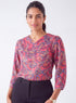 Side Pleated Satin Red Printed Top