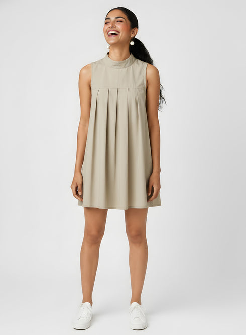 Khaki Green Pleated High Neck Dress