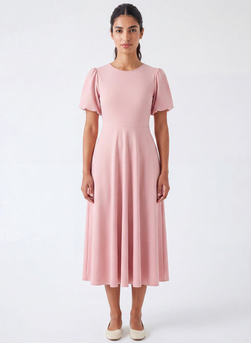 Pink Round Neck Sleeve Detailed Dress