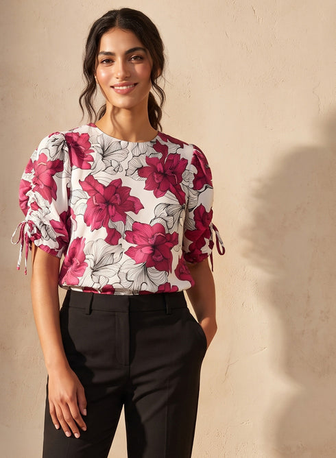 Red Floral Printed Sleeve Gathered Detail Top