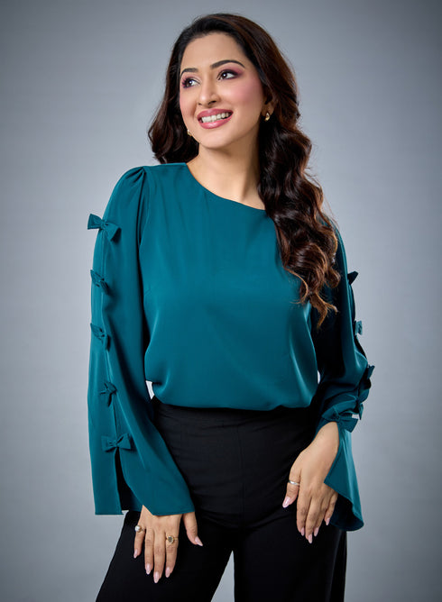Chiffon Bow Dark Green Top
