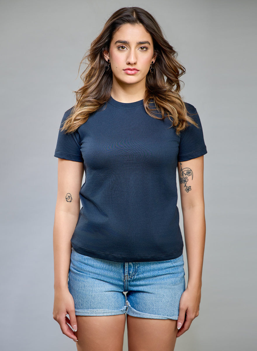 Dark Blue Basic Crew Neck T-shirt – Zigzag