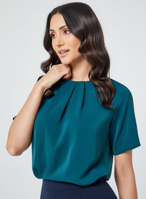 Pleated Short Sleeve Chiffon Green Top