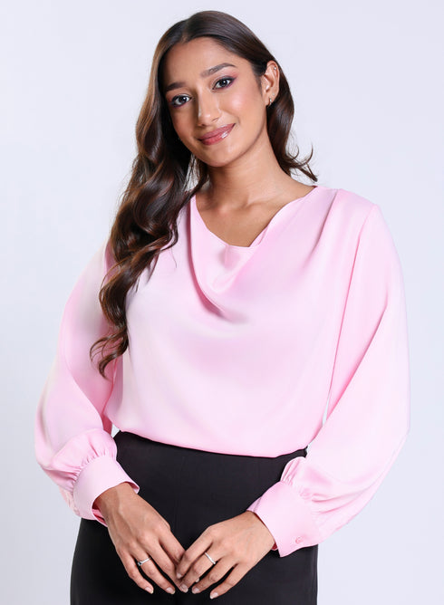 Long Sleeve Cowl Neck Pink Satin Top