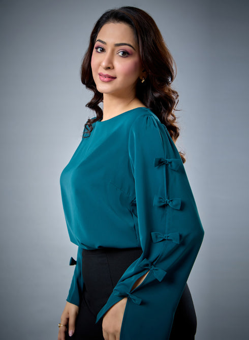 Chiffon Bow Dark Green Top